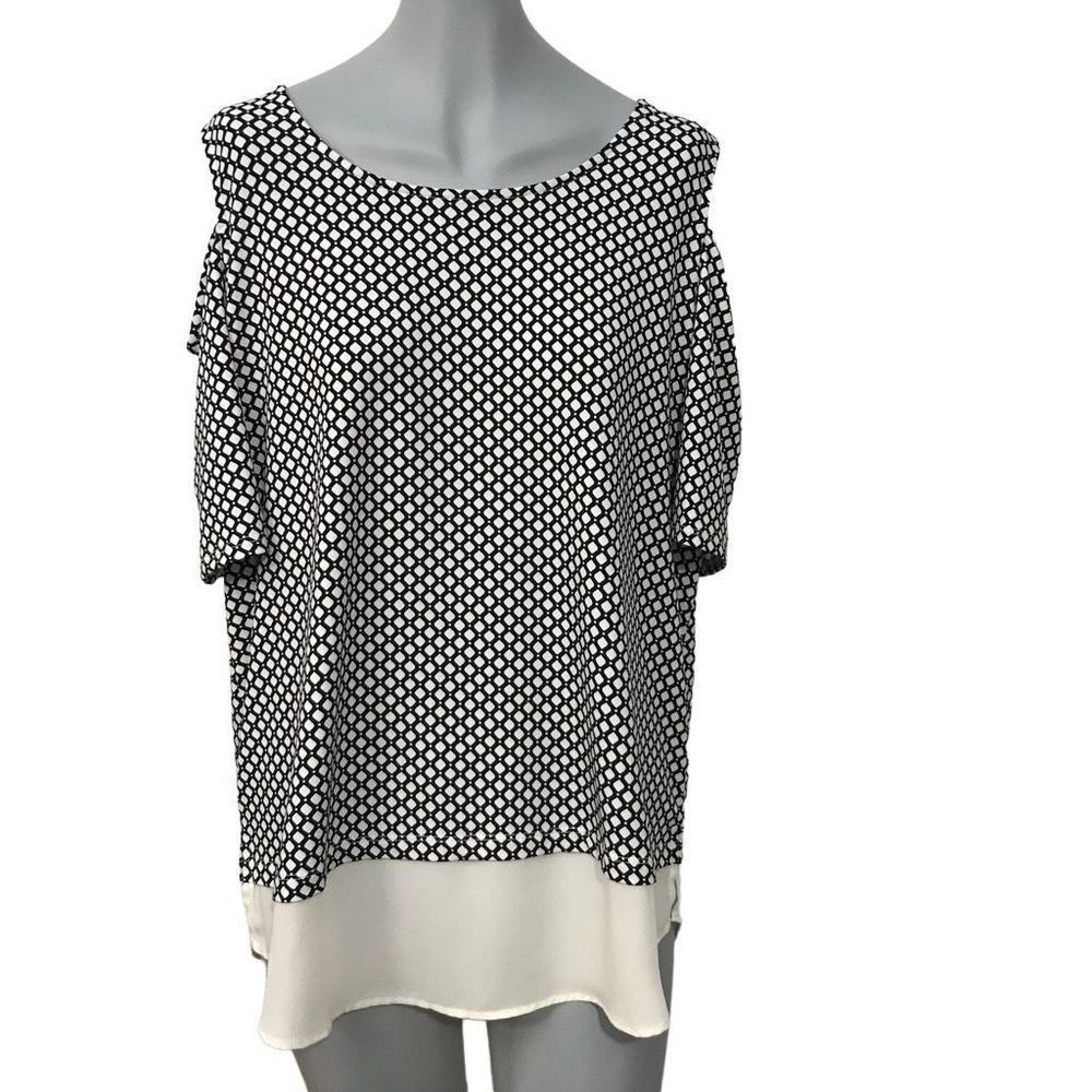 Adrianna Papell Black and Ivory Cold Shoulder Top Shirt Size Large